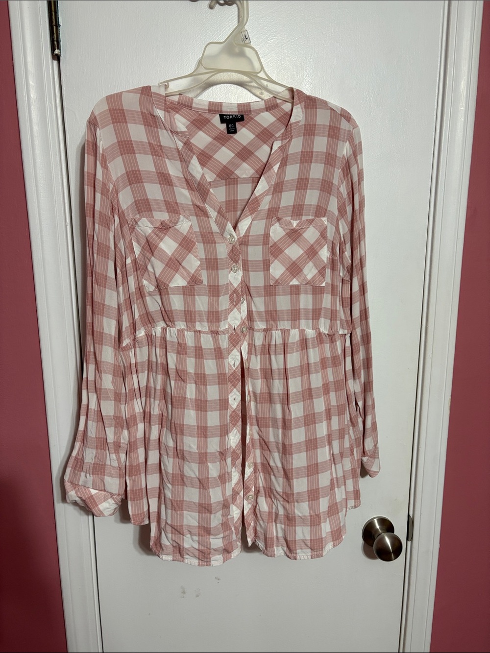 torrid Rose and White Plaid Button-Front Babydoll Tunic